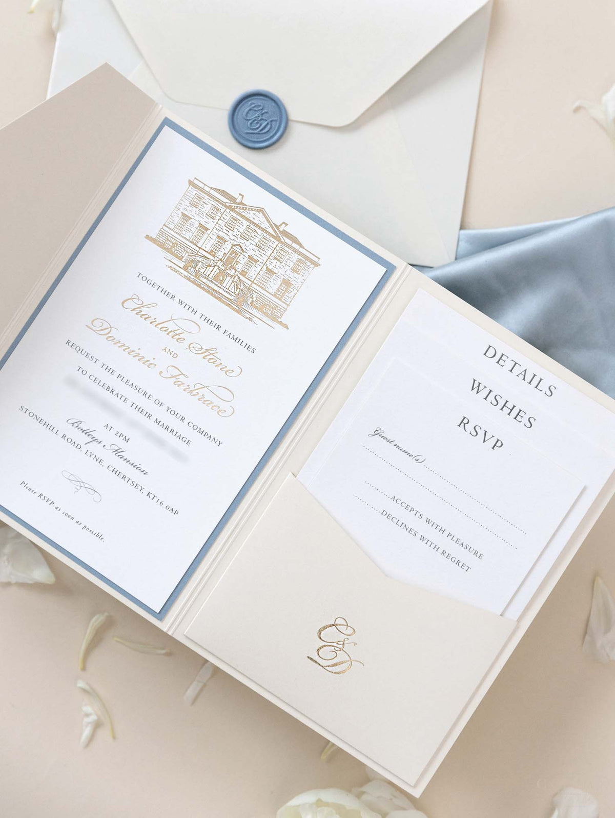 Custom Wedding Venue Illustration |  Foiled Venue Invitation Pocket Suite in Classic Envelope Fold in Gold Foil | SAMPLE