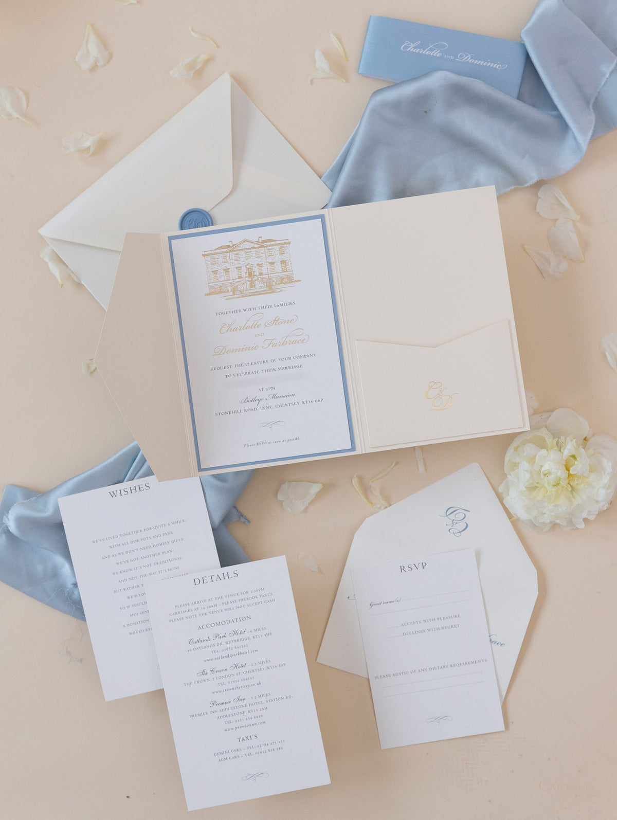 Custom Wedding Venue Illustration |  Foiled Venue Invitation Pocket Suite in Classic Envelope Fold in Gold Foil | SAMPLE