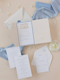 Custom Wedding Venue Illustration |  Foiled Venue Invitation Pocket Suite in Classic Envelope Fold in Gold Foil | SAMPLE