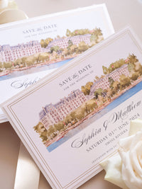 Watercolor Venue Save The Date with Gold Foil | Beau-Rivage Palace, Swiss Riviera