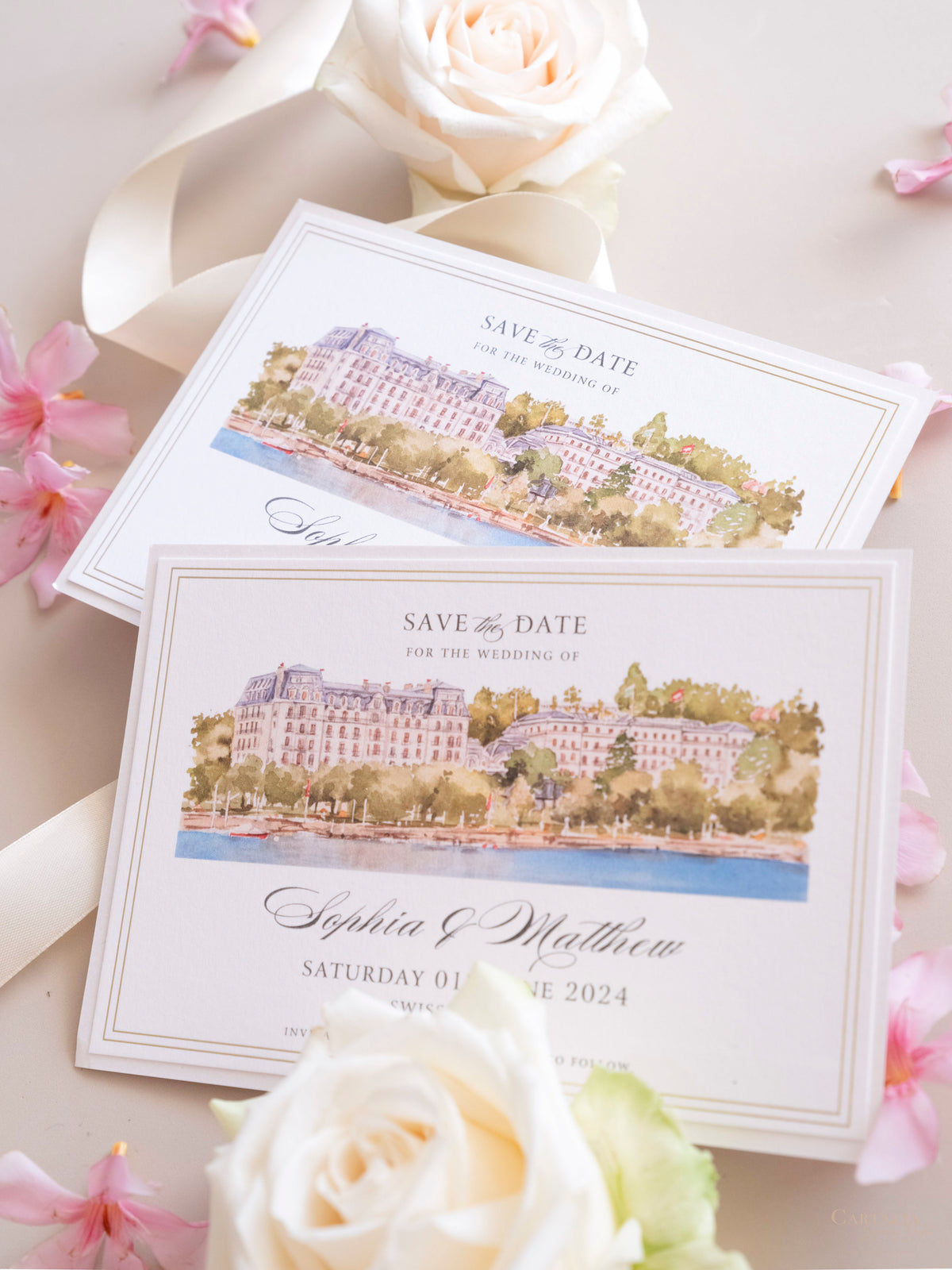 Watercolor Venue Save The Date with Gold Foil | Beau-Rivage Palace, Swiss Riviera