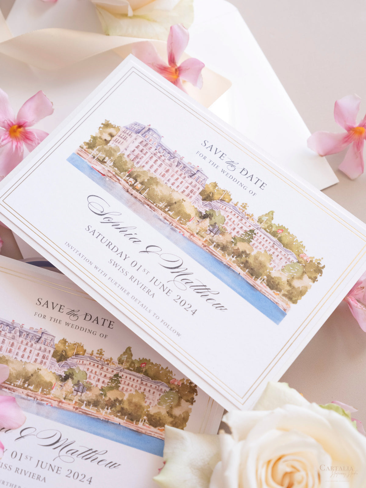 Watercolor Venue Save The Date with Gold Foil | Beau-Rivage Palace, Swiss Riviera