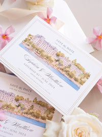 Watercolor Venue Save The Date with Gold Foil | Beau-Rivage Palace, Swiss Riviera