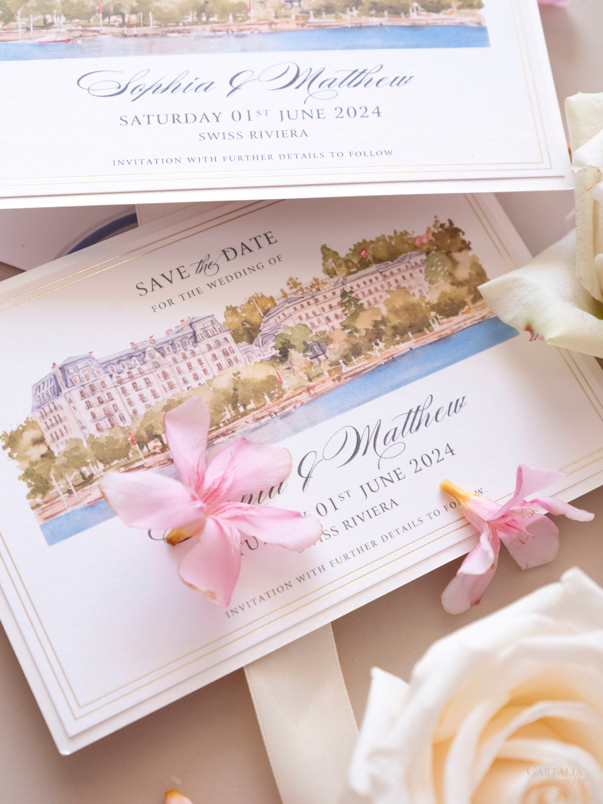 Watercolor Venue Save The Date with Gold Foil | Beau-Rivage Palace, Swiss Riviera