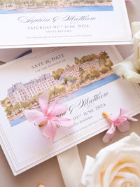 Watercolor Venue Save The Date with Gold Foil | Beau-Rivage Palace, Swiss Riviera