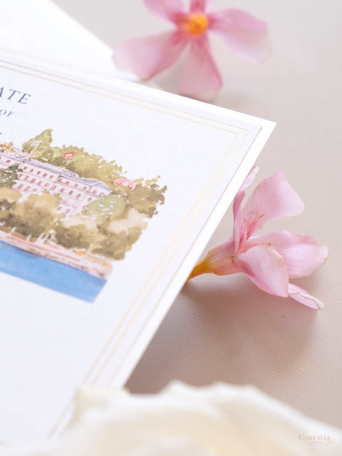 Watercolor Venue Save The Date with Gold Foil | Beau-Rivage Palace, Swiss Riviera