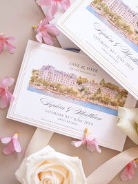 Watercolor Venue Save The Date with Gold Foil | Beau-Rivage Palace, Swiss Riviera