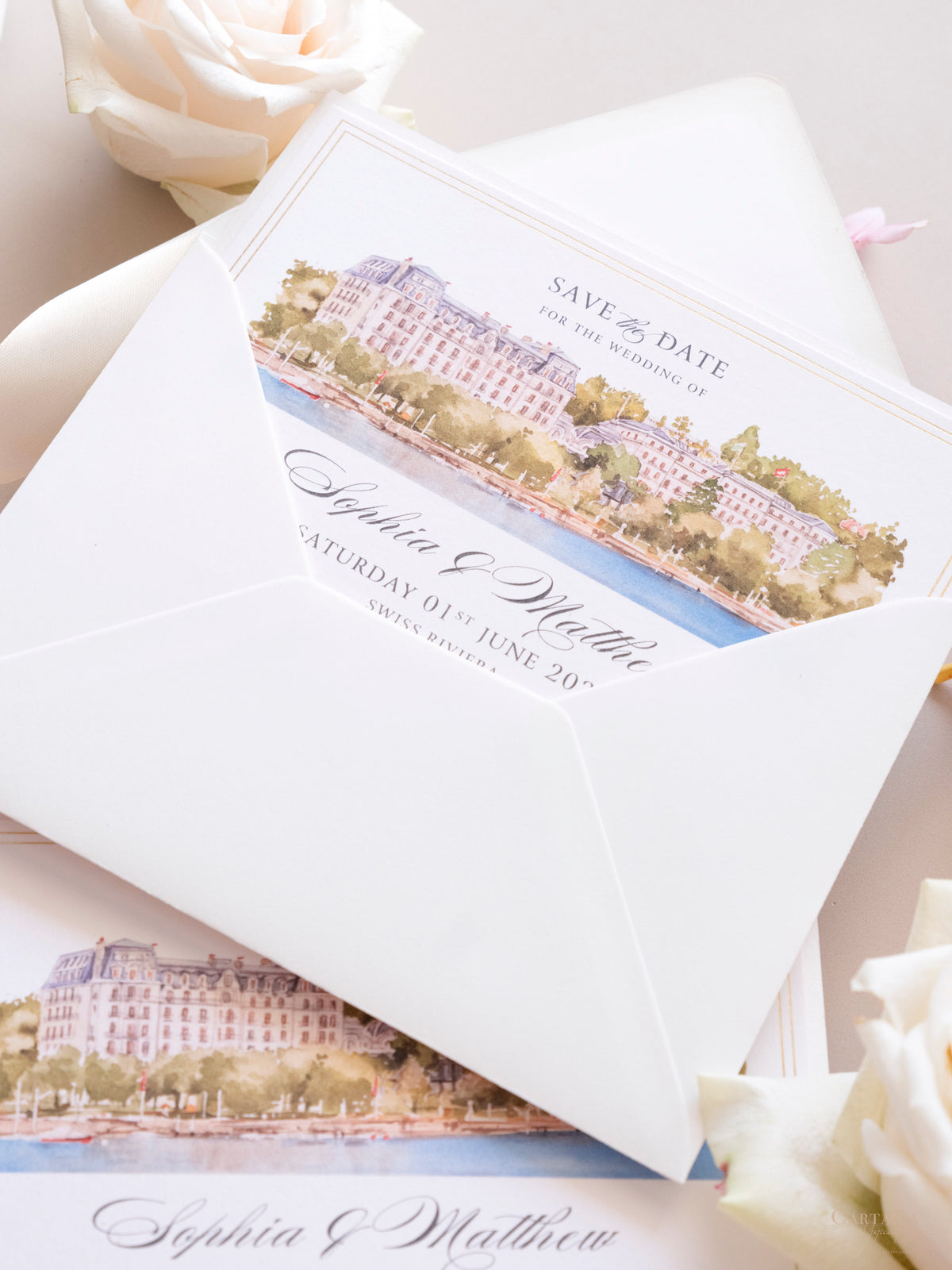 Watercolor Venue Save The Date with Gold Foil | Beau-Rivage Palace, Swiss Riviera