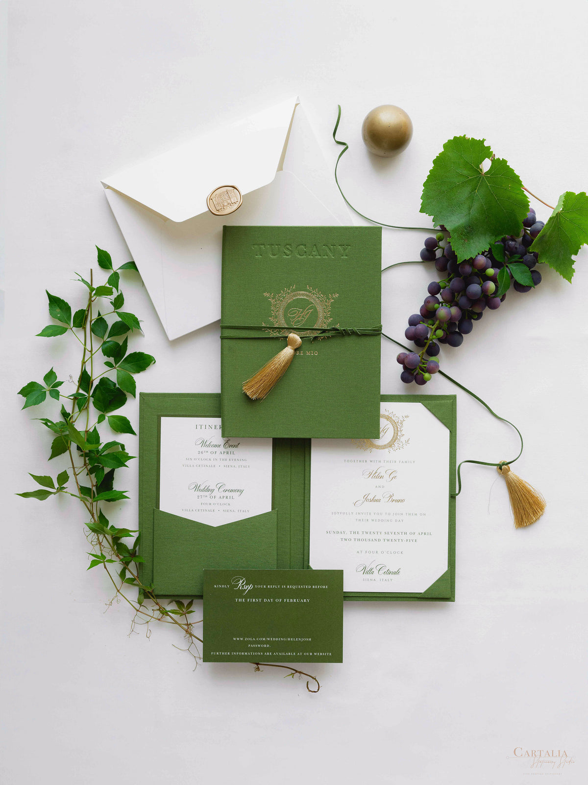 Luxury Linen Hard Back Folio Invitation with Gold Foil, Tassel and Wax Seal with Custom Venue |  Villa Cetinale, Siena, Tuscany