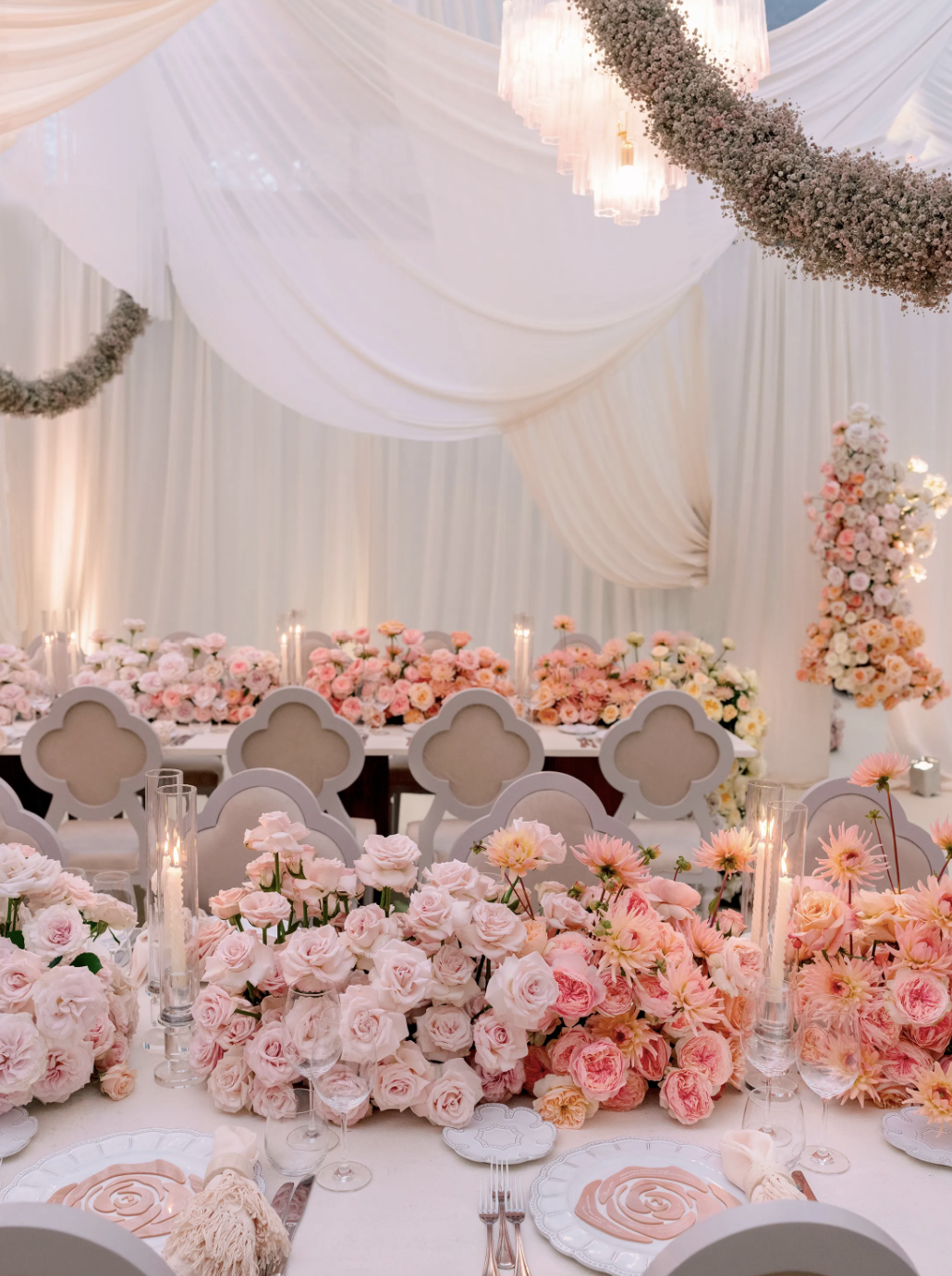 Rebecca Bloom wearing shattered-glass Oscar de la Renta gown at her Lake Como wedding reception with David Pownall.  Luxury wedding menu design by Cartalia for Rebecca Bloom’s Lake Como wedding reception dinner