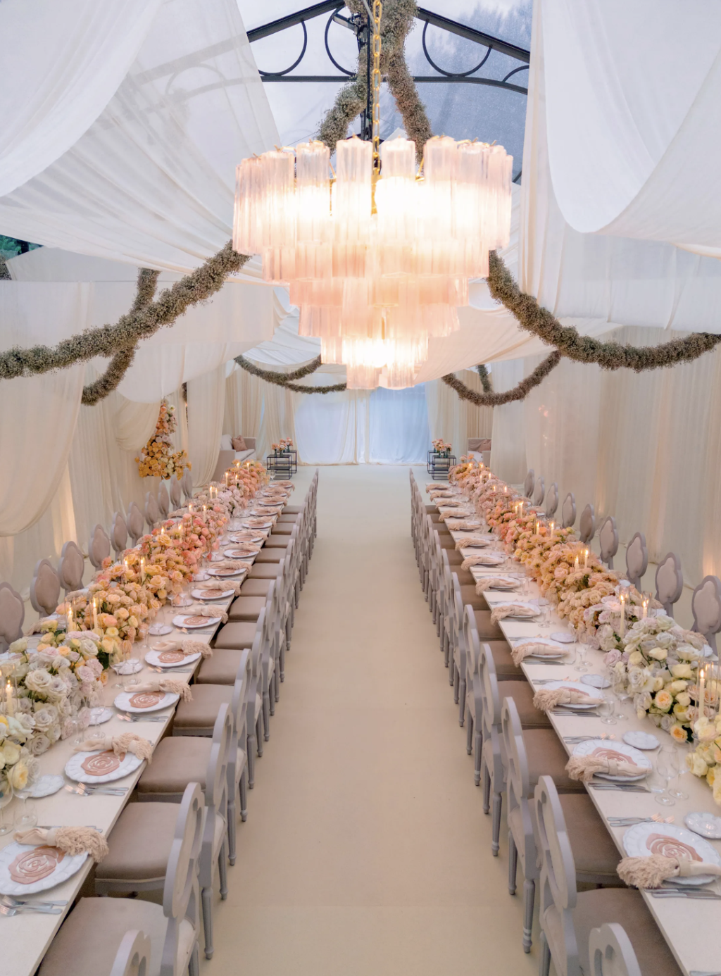 Rebecca Bloom wearing shattered-glass Oscar de la Renta gown at her Lake Como wedding reception with David Pownall.  Luxury wedding menu design by Cartalia for Rebecca Bloom’s Lake Como wedding reception dinner