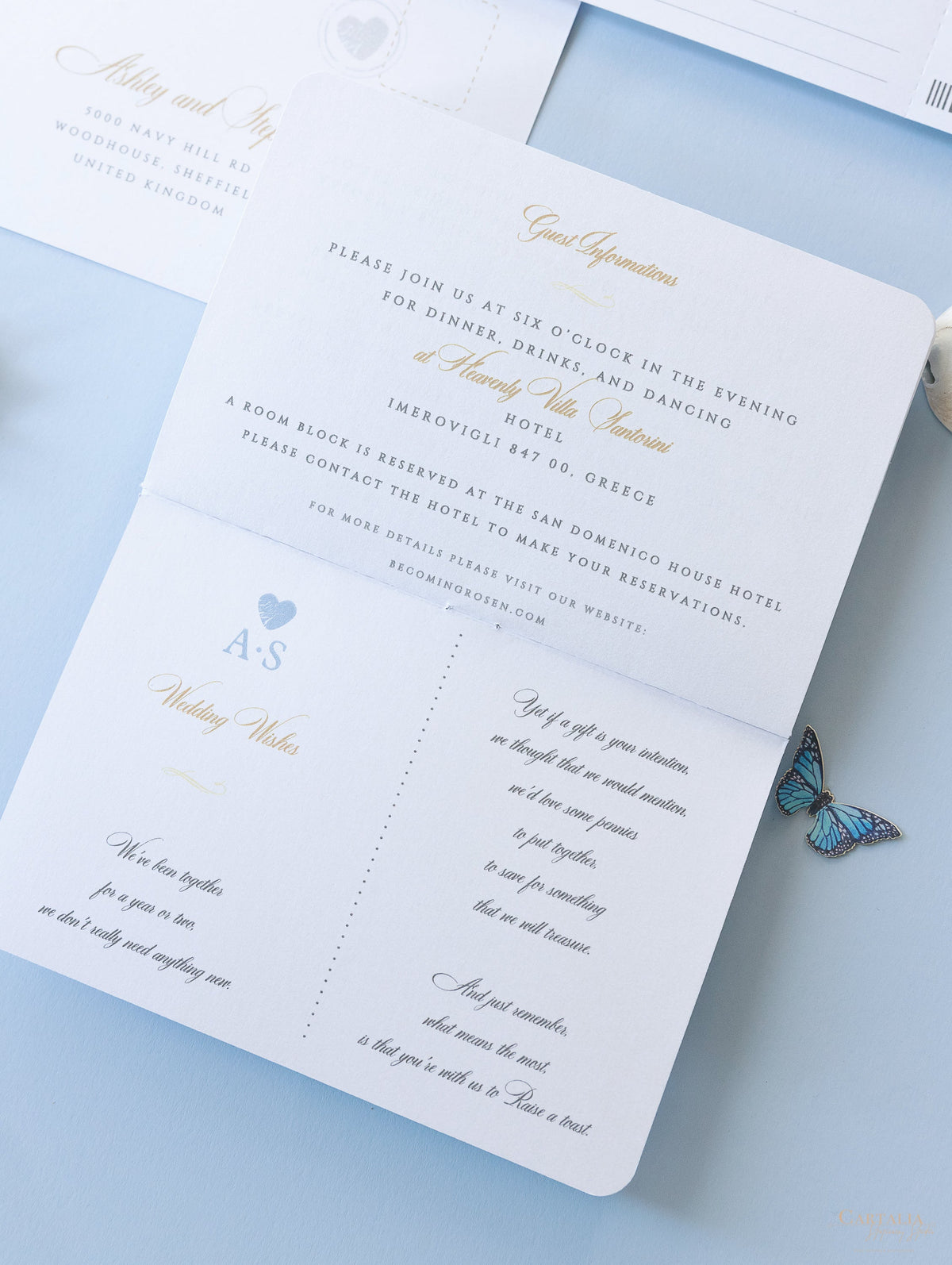Dusty Blue & Gold Wedding Passport Invite FOLDER :  Luxury Wallet & Tag Passport Invitation