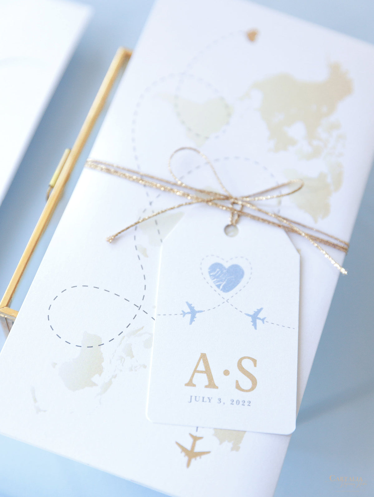 Dusty Blue & Gold Wedding Passport Invite FOLDER :  Luxury Wallet & Tag Passport Invitation