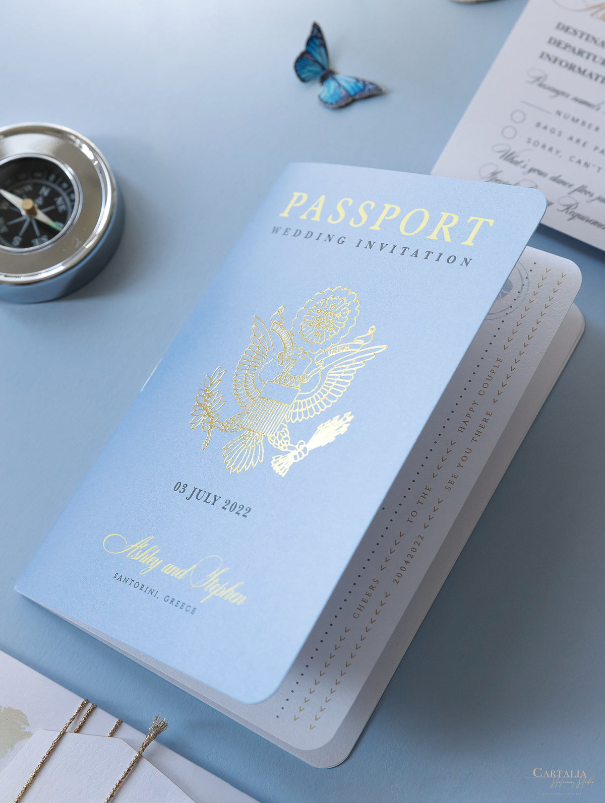 Dusty Blue & Gold Wedding Passport Invite FOLDER :  Luxury Wallet & Tag Passport Invitation