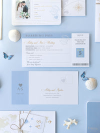 Dusty Blue & Gold Wedding Passport Invite FOLDER :  Luxury Wallet & Tag Passport Invitation