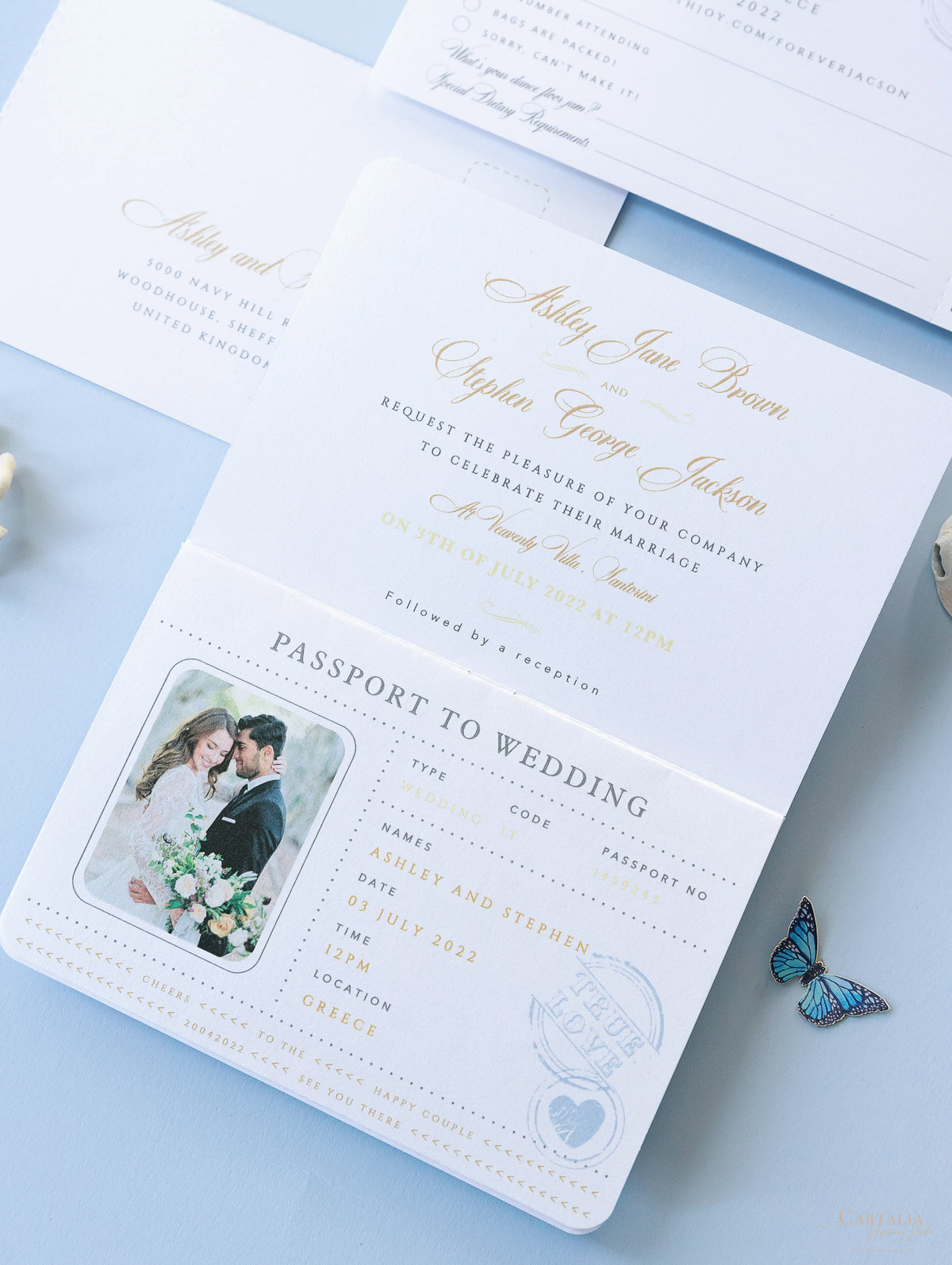 Dusty Blue & Gold Wedding Passport Invite FOLDER :  Luxury Wallet & Tag Passport Invitation