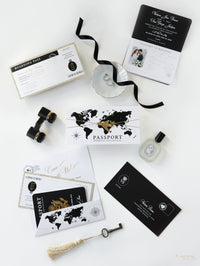 White & Black FOLDER Travel Wallet: Luxury Wedding Passport Invitation Suite in Pocket & Gold Mirror Tag