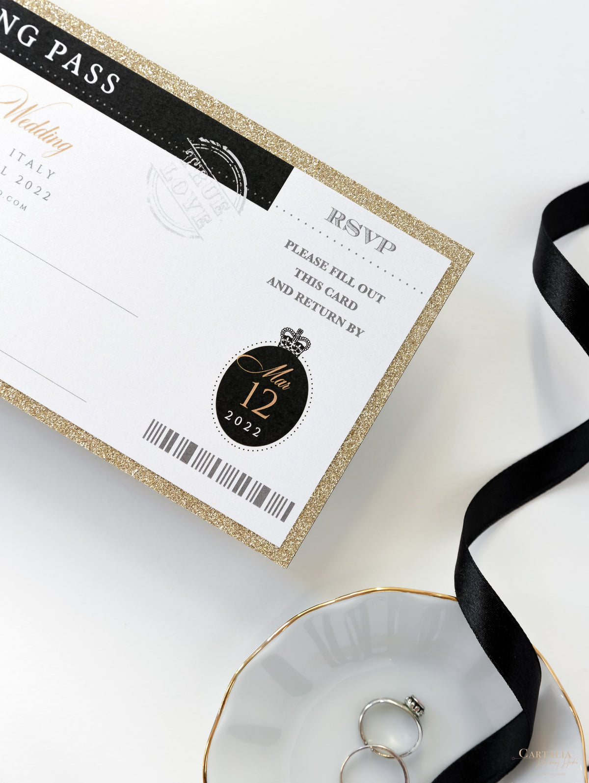 White & Black FOLDER Travel Wallet: Luxury Wedding Passport Invitation Suite in Pocket & Gold Mirror Tag