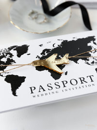 White & Black FOLDER Travel Wallet: Luxury Wedding Passport Invitation Suite in Pocket & Gold Mirror Tag