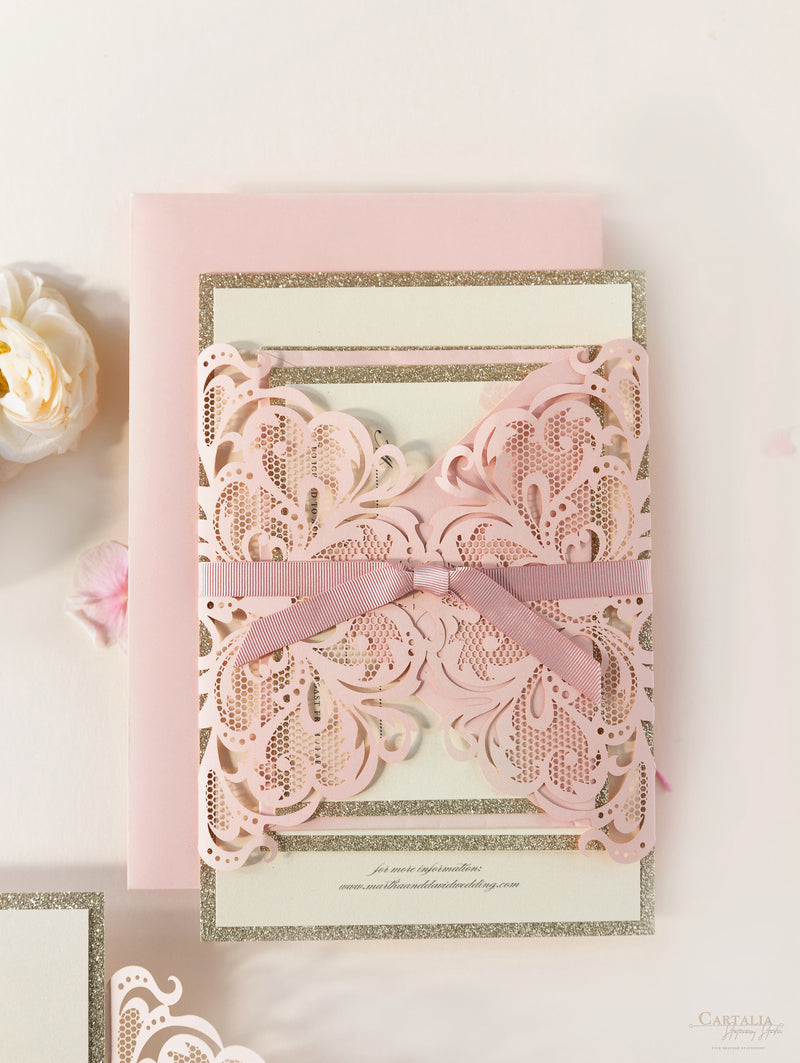 Dusty Pink Opulence Ribbon Tie Glitter Board Gatefold – Cartalia