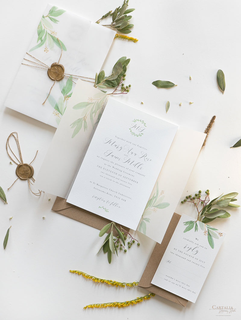 Greenery Vellum Sleeve Pocket fold Invitation with Gold Tie and Kraft