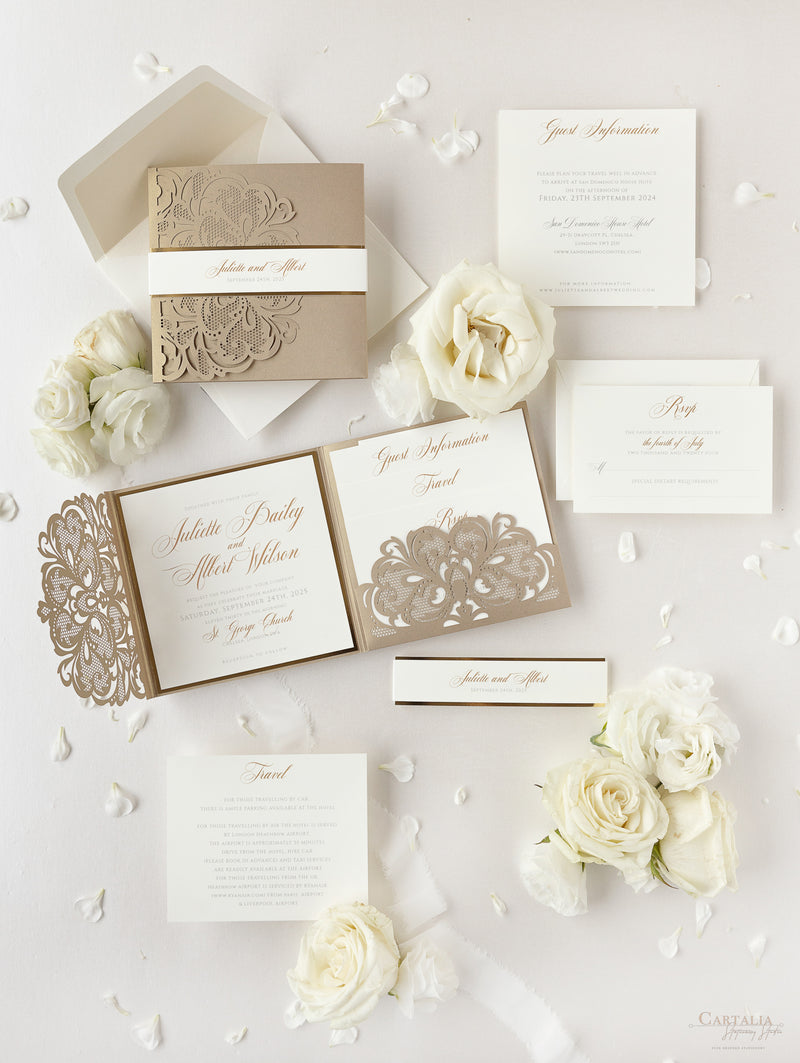 Champagne Laser Cut Lace Pocketfold Wedding Invitation + Wedding Wish –  Cartalia