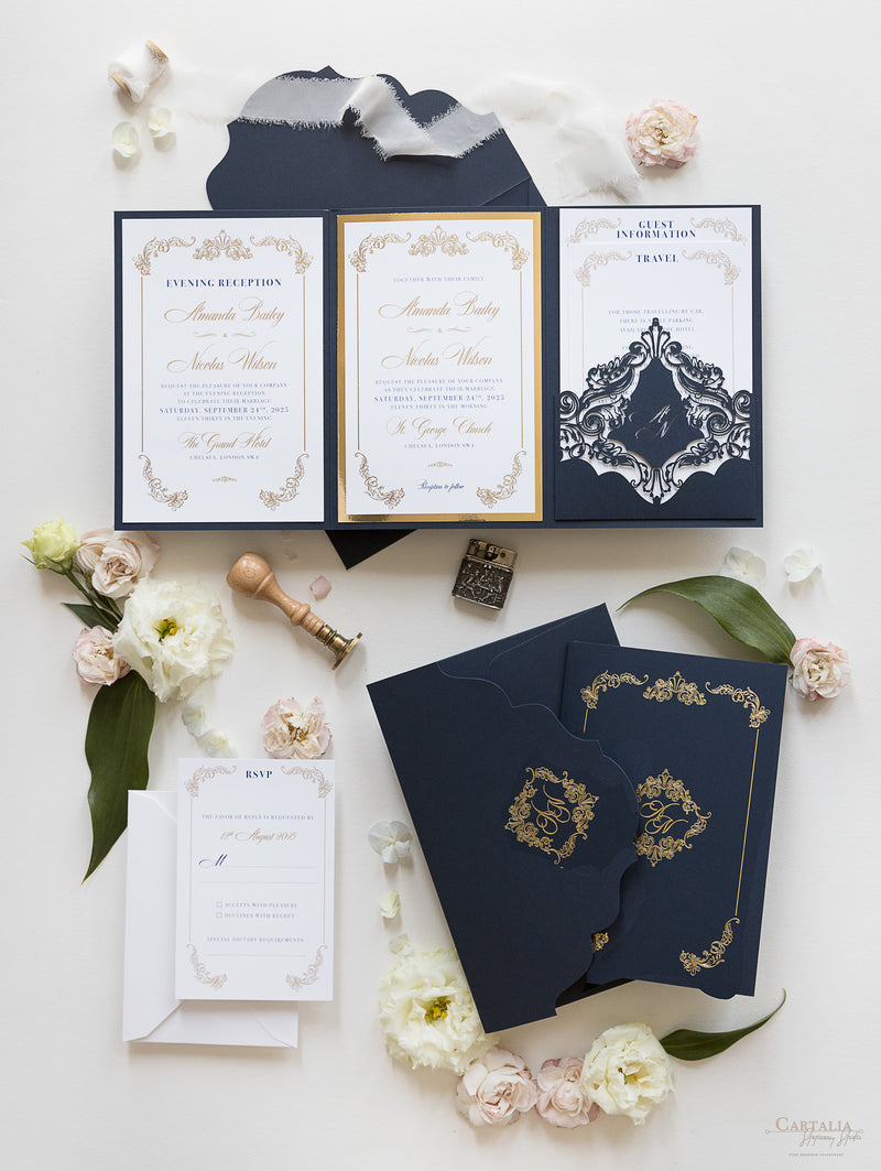 Gold and Navy Wedding Invitations, Traditional