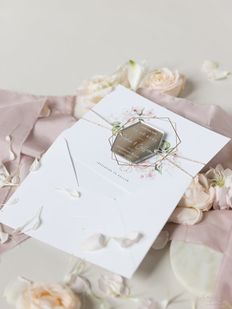 Personalized Save the Date Card With Foil Lettering, Vellum Save the Dates  in Rose Gold, Gold, Silver Foil . 