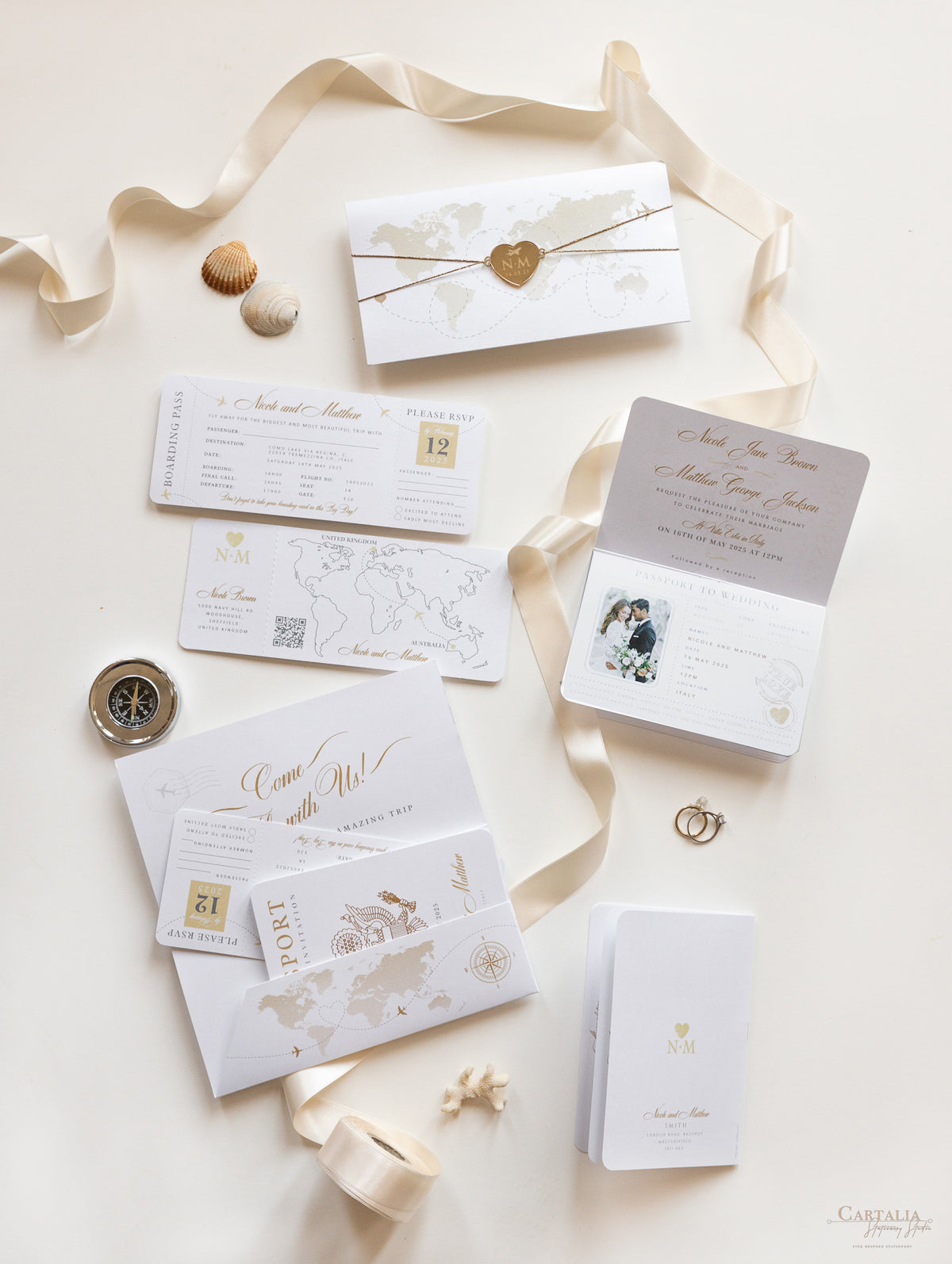 FOLDER Travel Wallet: Luxury Gold Wedding Passport Invite in Pocket & Mirror Tag Passport Invitation Suite