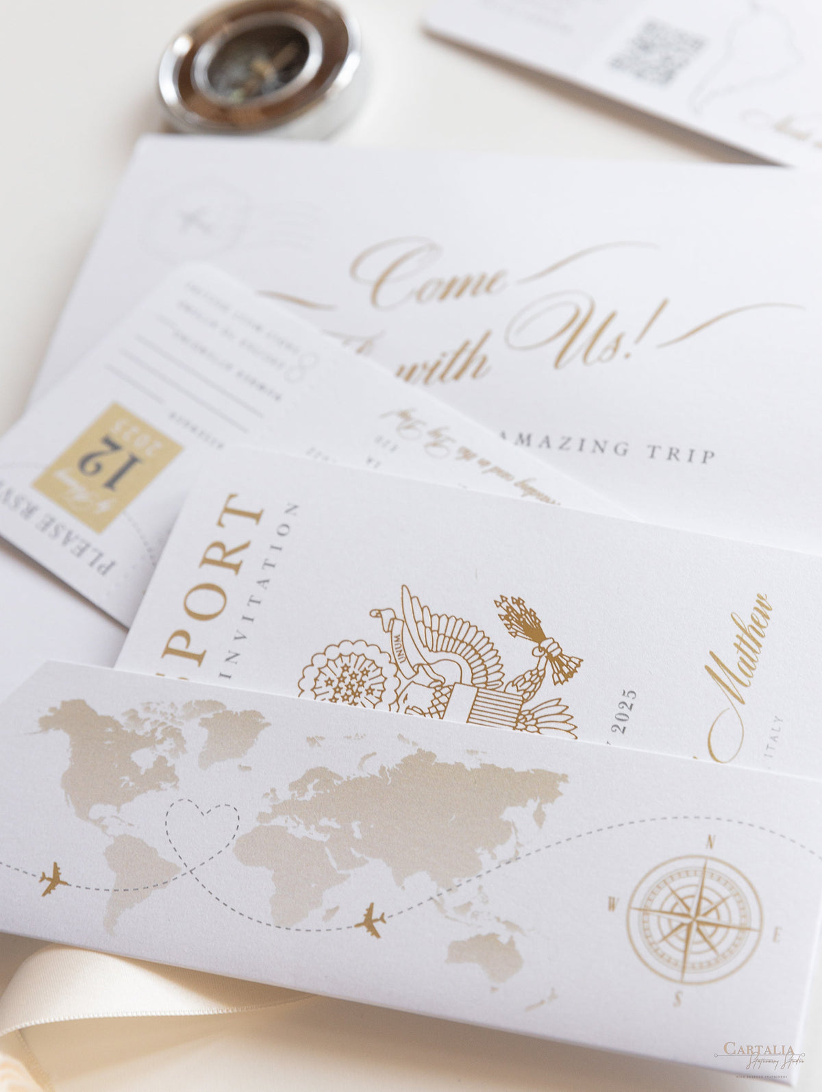 FOLDER Travel Wallet: Luxury Gold Wedding Passport Invite in Pocket & Mirror Tag Passport Invitation Suite