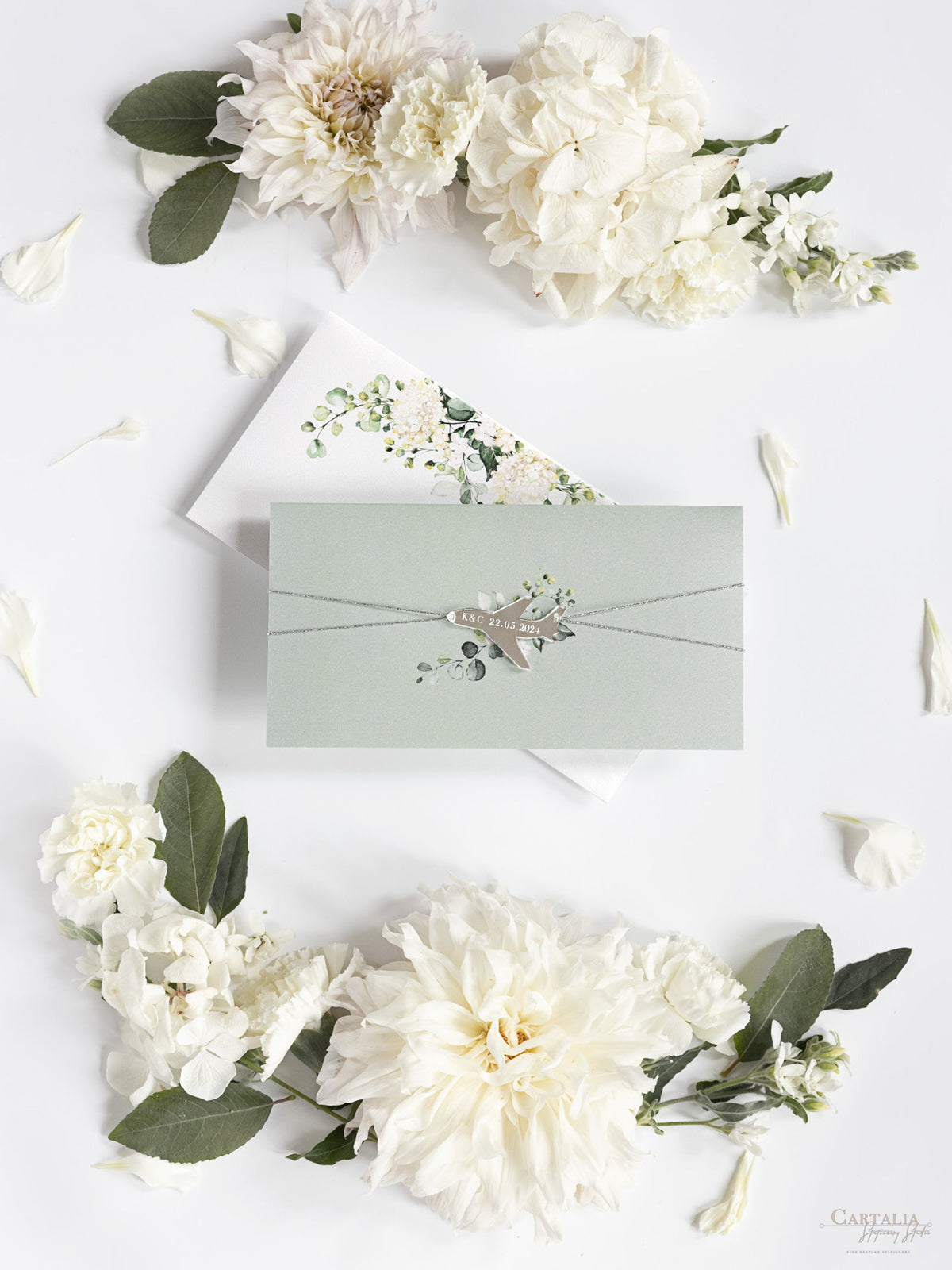 Wedding Hydrangea Folder Wallet in Sage Green, Passport Invitation & Mirror Plane Tag