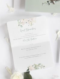 Wedding Hydrangea Folder Wallet in Sage Green, Passport Invitation & Mirror Plane Tag