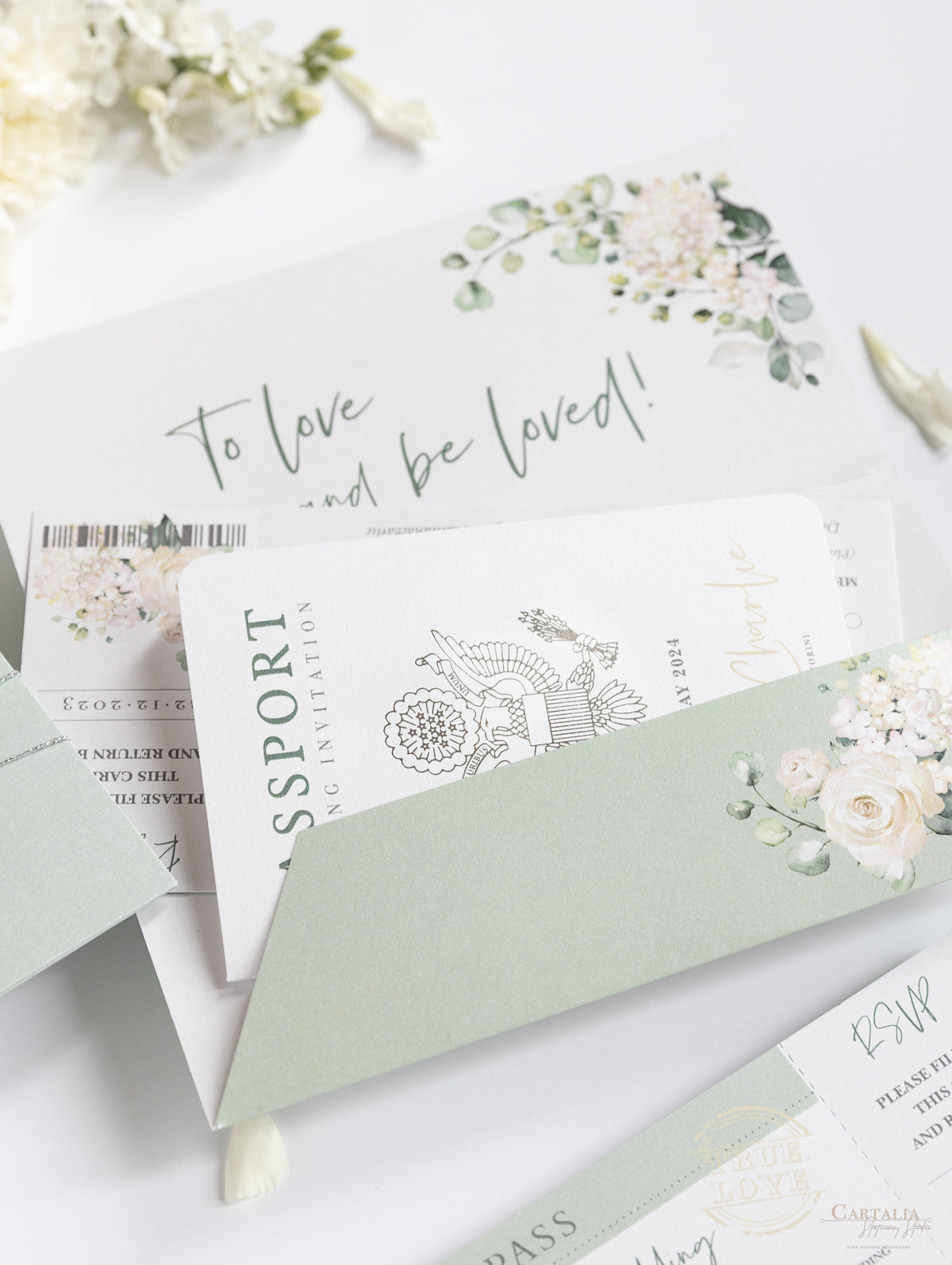 Wedding Hydrangea Folder Wallet in Sage Green, Passport Invitation & Mirror Plane Tag