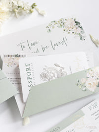 Wedding Hydrangea Folder Wallet in Sage Green, Passport Invitation & Mirror Plane Tag