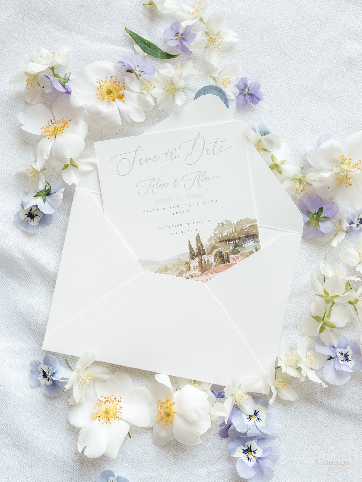 Luxury Hand Painted Save The Date with Venue Watercolour & Wax Seal | Villa Pizzo, Lake Como, Italy