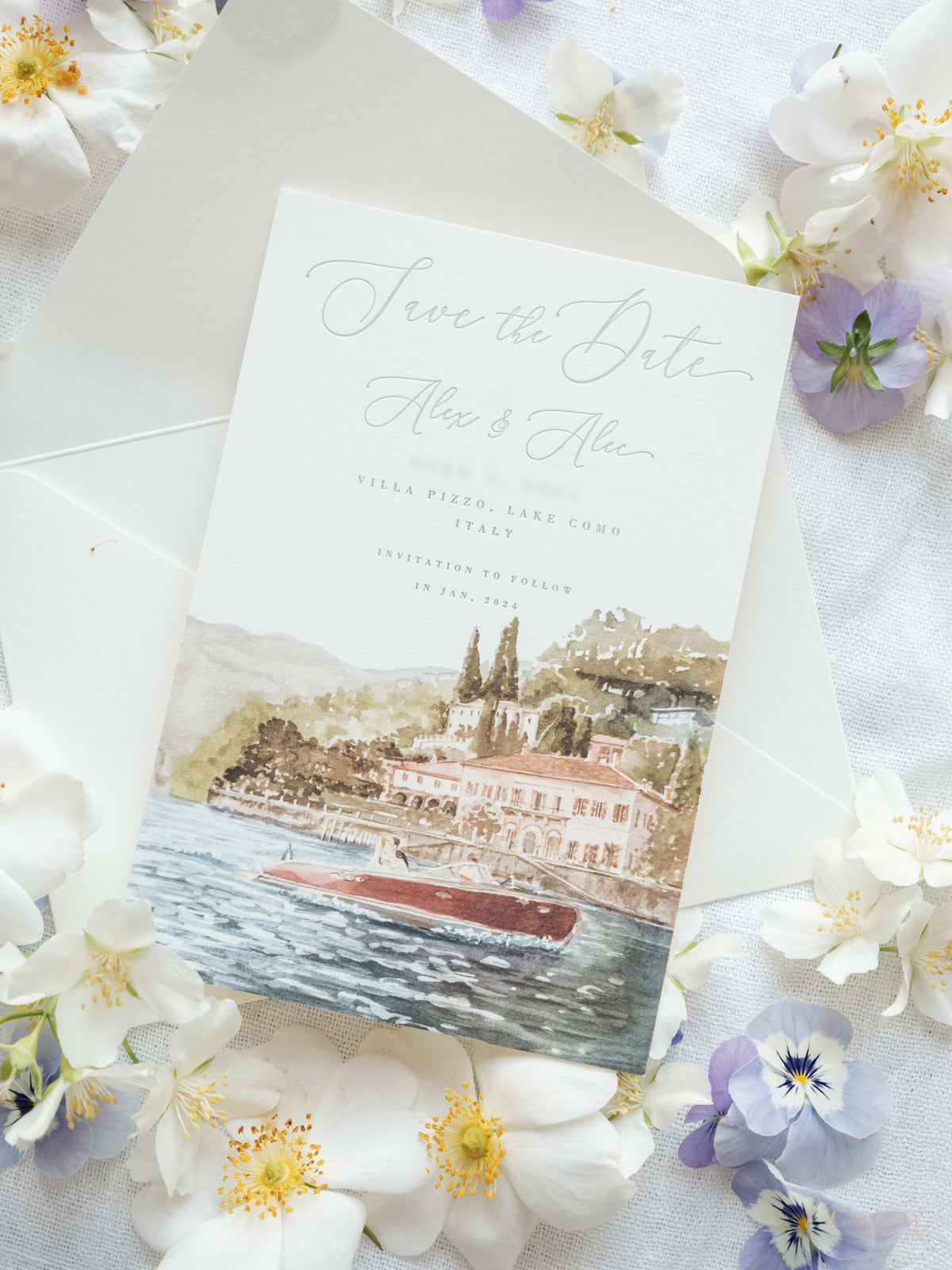 Luxury Hand Painted Save The Date with Venue Watercolour & Wax Seal | Villa Pizzo, Lake Como, Italy