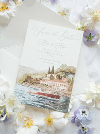 Luxury Hand Painted Save The Date with Venue Watercolour & Wax Seal | Villa Pizzo, Lake Como, Italy
