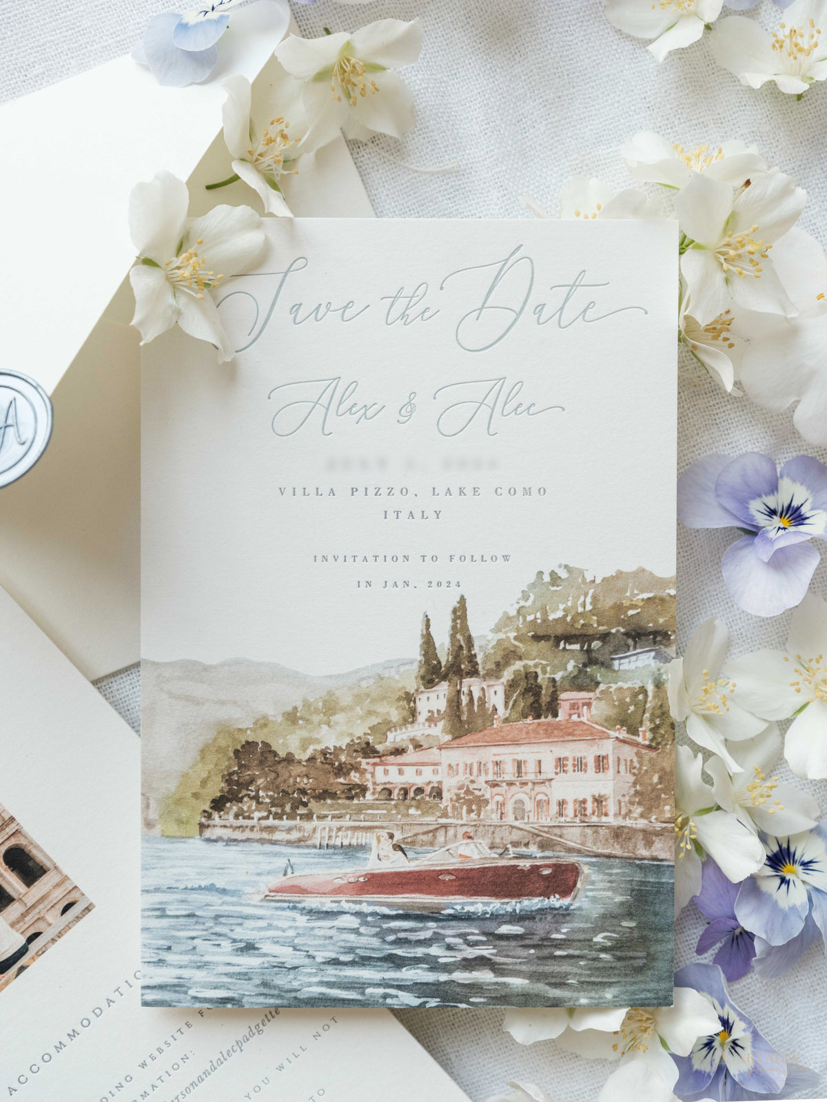 Luxury Hand Painted Save The Date with Venue Watercolour & Wax Seal | Villa Pizzo, Lake Como, Italy