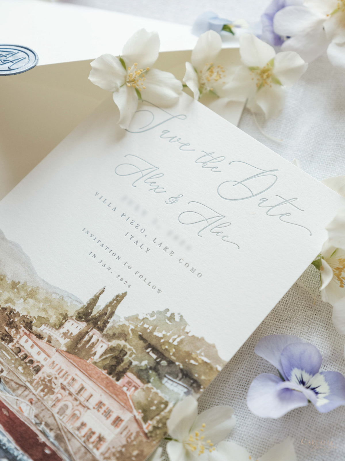 Luxury Hand Painted Save The Date with Venue Watercolour & Wax Seal | Villa Pizzo, Lake Como, Italy
