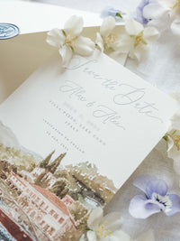 Luxury Hand Painted Save The Date with Venue Watercolour & Wax Seal | Villa Pizzo, Lake Como, Italy