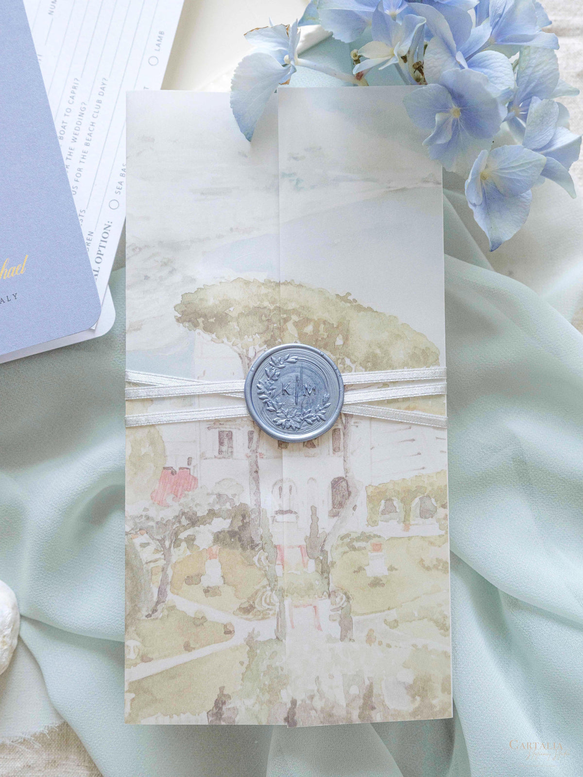 Passport Invitation Suite with Custom Vellum Watercolour Design | Villa Eva, Ravello, Amalfi Coast