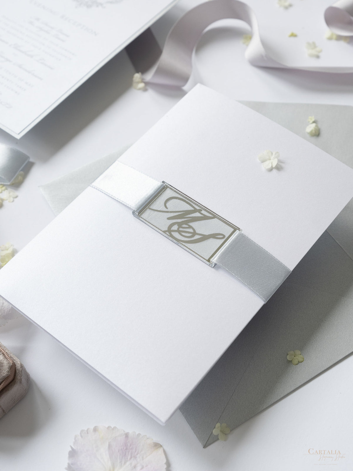 Suite de invitación de boda con bolsillo con monograma plateado brillante