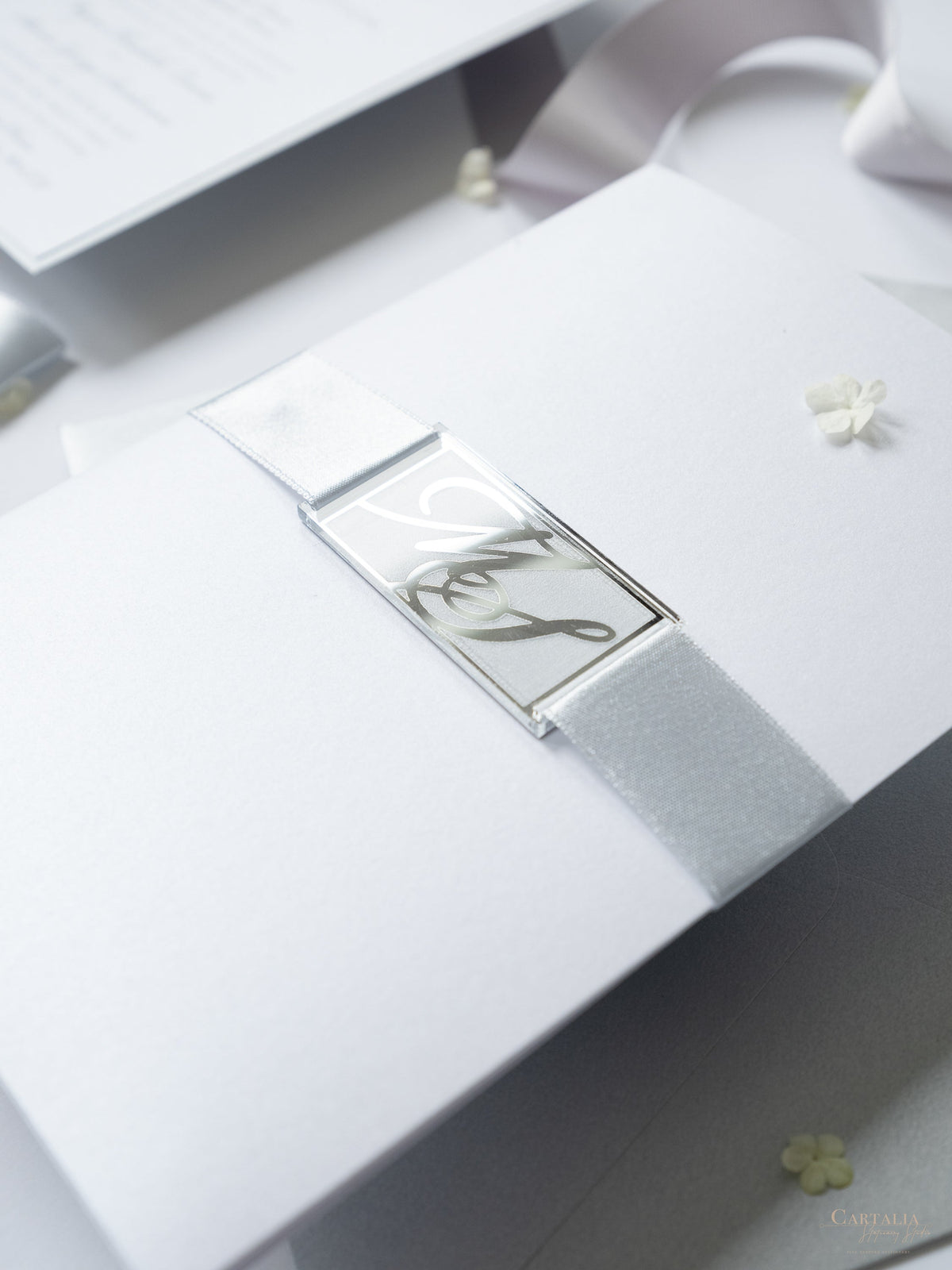 Suite de invitación de boda con bolsillo con monograma plateado brillante