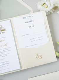 Custom Wedding Venue Illustration |  Foiled Venue Invitation Pocket Suite in Classic Envelope Fold in Gold Foil | SAMPLE