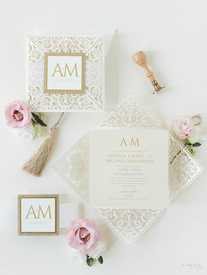 Customized Gold Foil Wedding Invitations with Glitter Bellyband and En