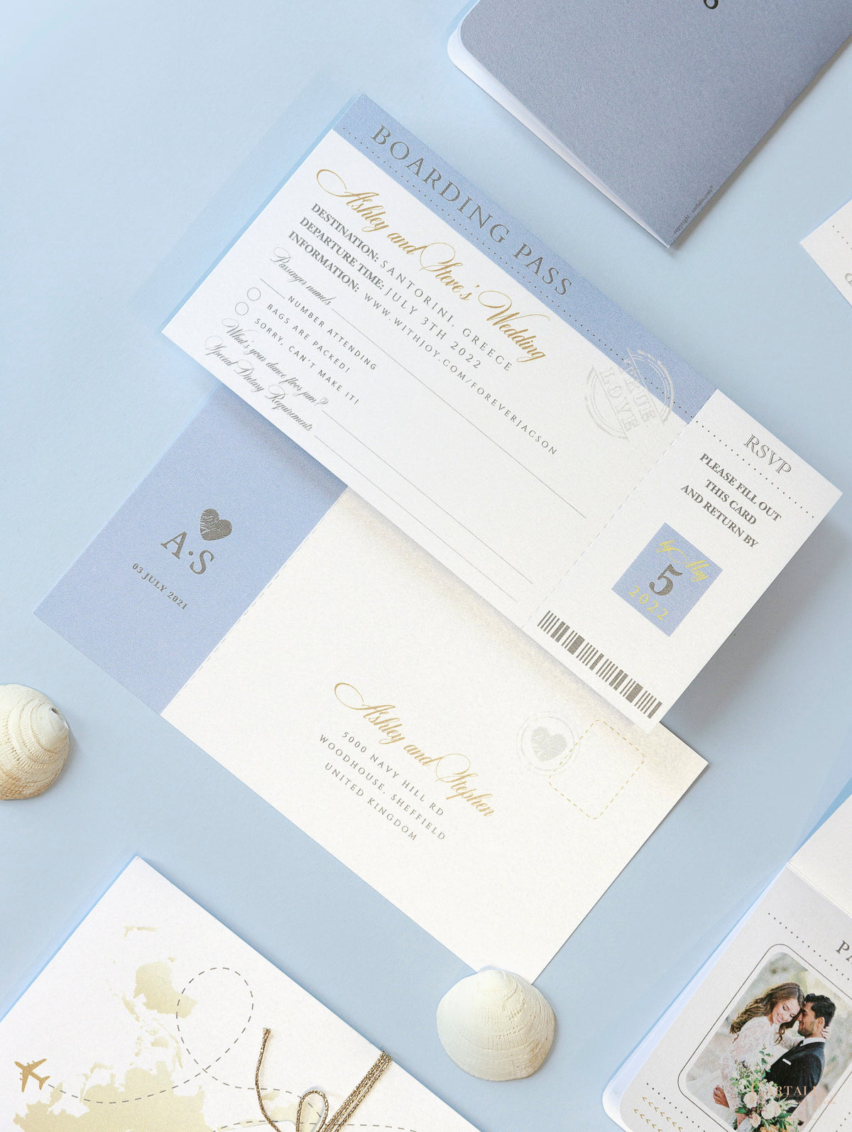Dusty Blue & Gold Wedding Passport Invite FOLDER :  Luxury Wallet & Tag Passport Invitation
