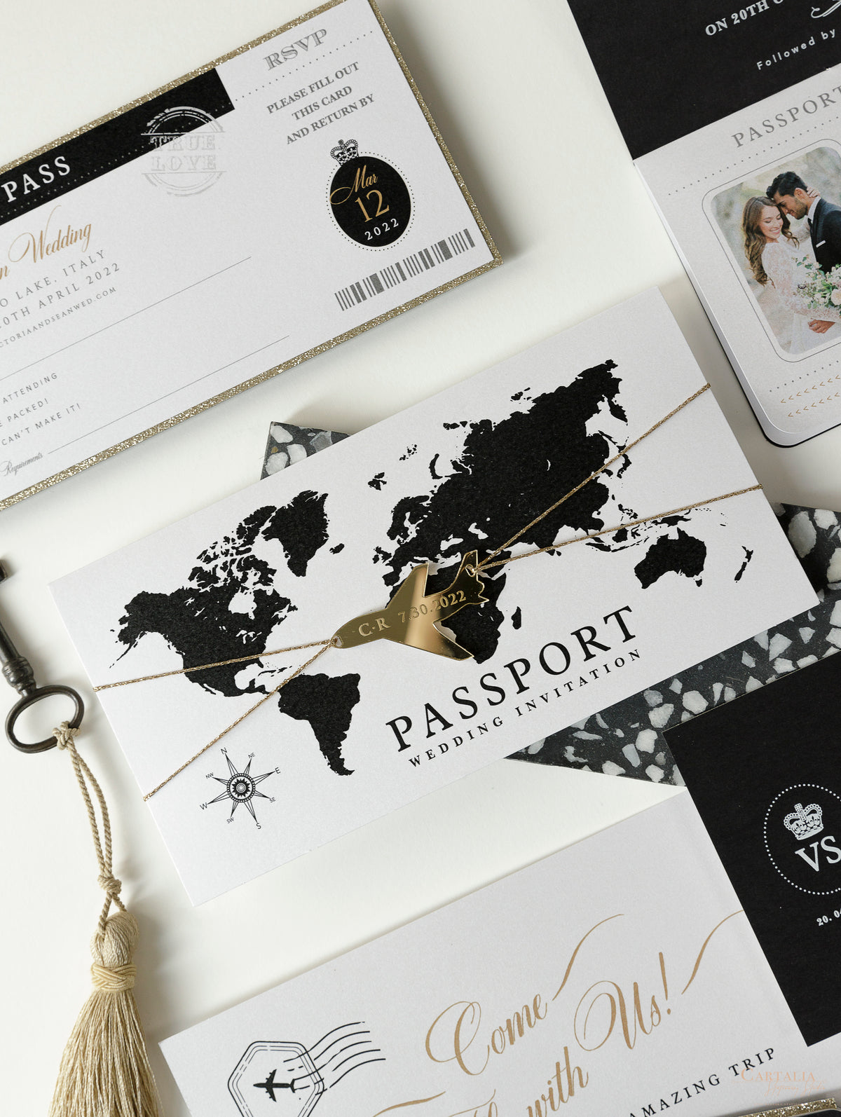 White & Black FOLDER Travel Wallet: Luxury Wedding Passport Invitation Suite in Pocket & Gold Mirror Tag