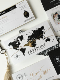 White & Black FOLDER Travel Wallet: Luxury Wedding Passport Invitation Suite in Pocket & Gold Mirror Tag