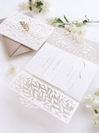 Pocket with 4 inserts in White Arch Gatefold with Intricate Laser Cut Leaf and Gold Foil