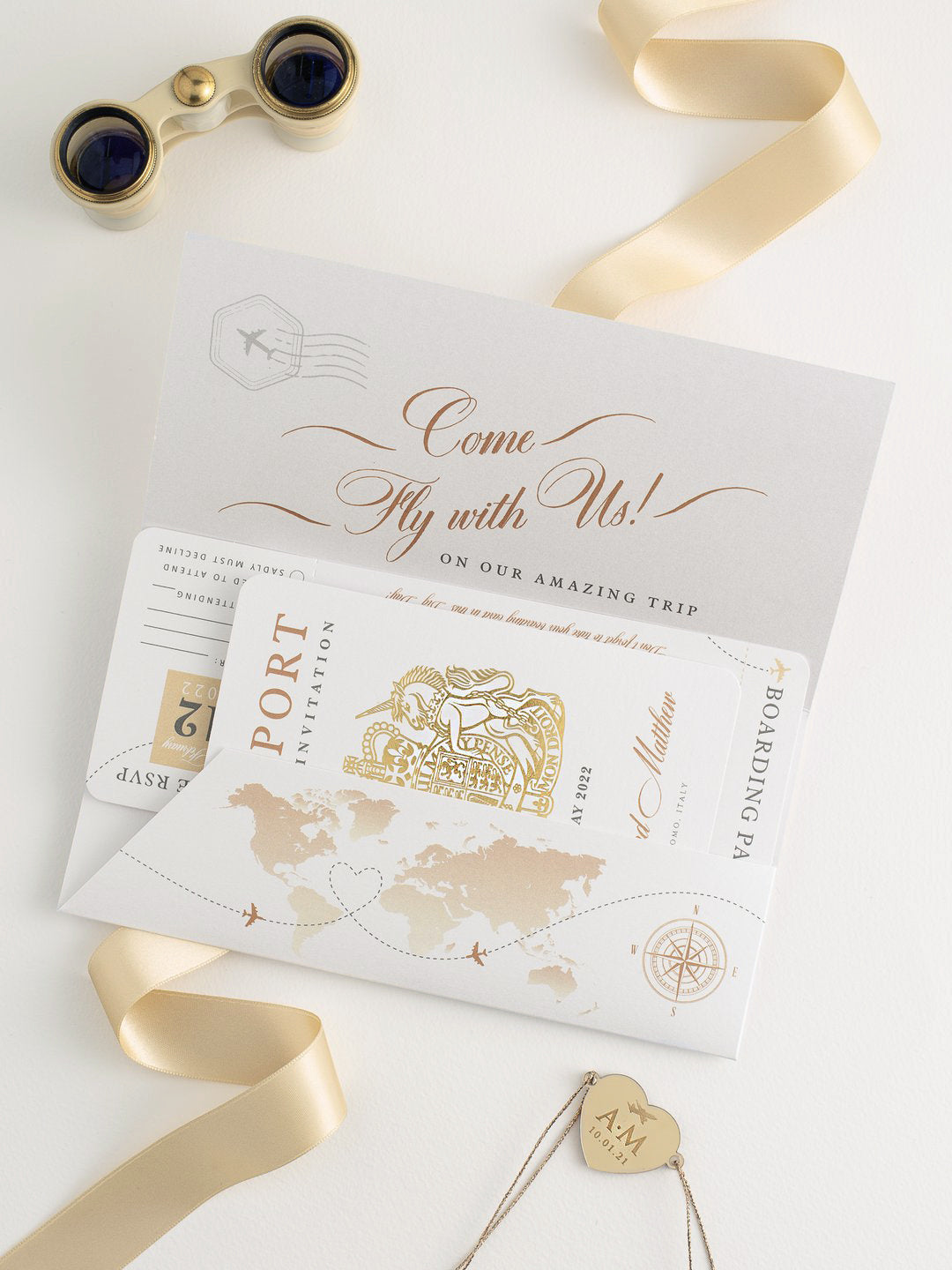 FOLDER Travel Wallet: Luxury Gold Wedding Passport Invite in Pocket & Mirror Tag Passport Invitation Suite